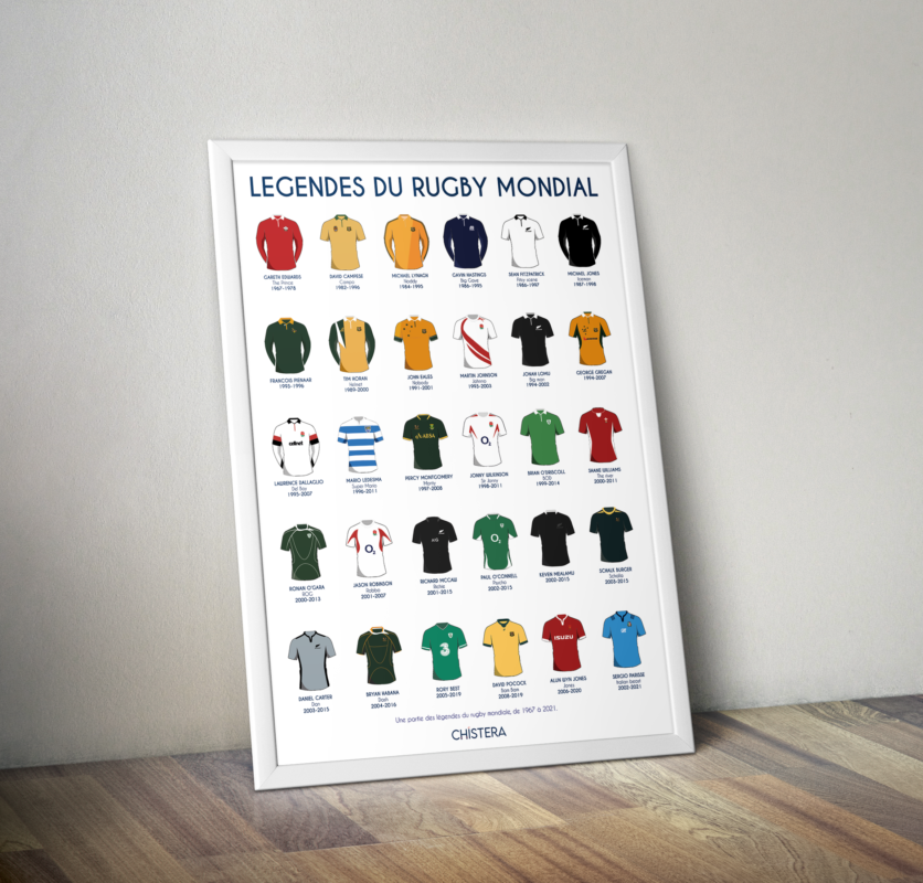 légendes du rugby mondial affiche déco rugby chistera