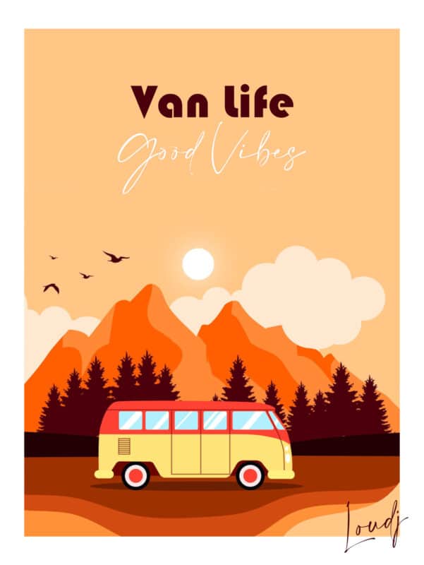 Affiche Van Voyage Montagne Forêt Sapins orange jaune