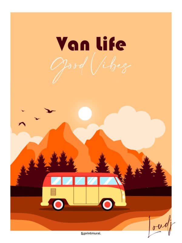 Van Life Good Vibes Montagne forêt sapins jaune orange