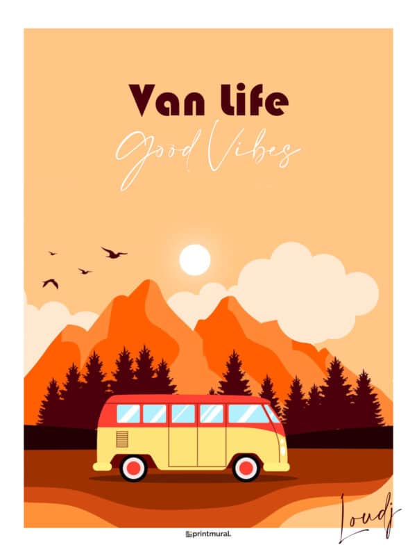 Van Life Good Vibes Montagne forêt sapins jaune orange