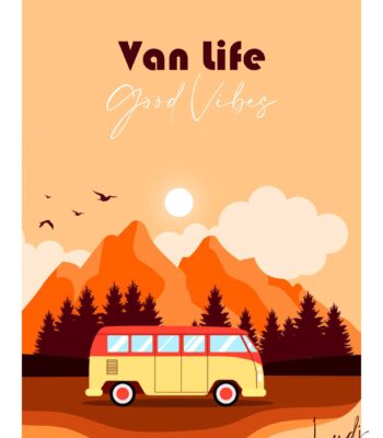 Van Life Good Vibes Montagne forêt sapins jaune orange