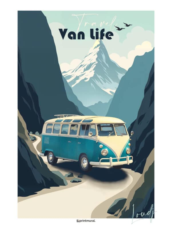 Affiche Van Life Montagne Route Bleu Beige Hiver