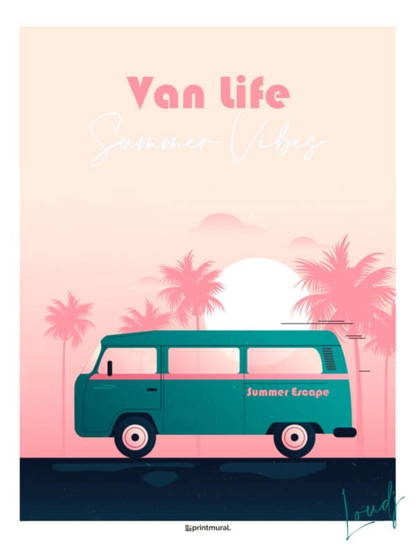 Affiche Van Life Summer Vibes Bleu Vert Rose Palmiers roses coucher de soleil route