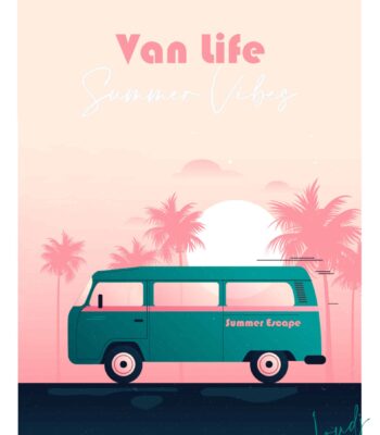 Affiche Van Life Summer Vibes Bleu Vert Rose Palmiers roses coucher de soleil route