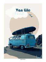 Affiche Van Life Travel Bleu Beige Planche de Surf Voyage Travel