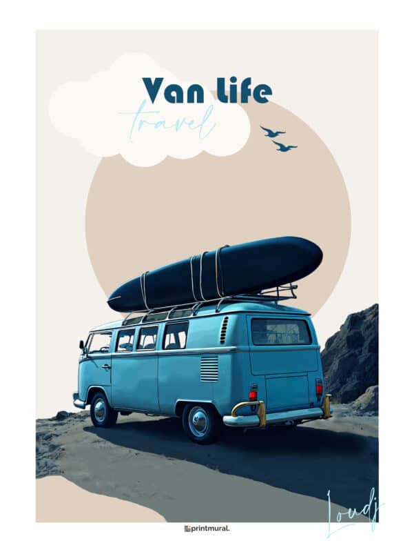 Affiche Van Life Travel Bleu Beige Planche de Surf Voyage Travel