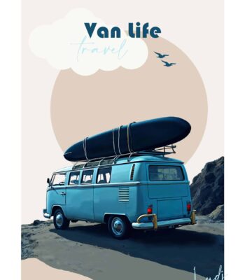 Affiche Van Life Travel Bleu Beige Planche de Surf Voyage Travel