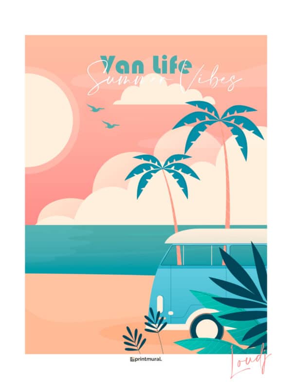 Affiche Van Life summer turquoise rose coucher de soleil palmiers summer vibes