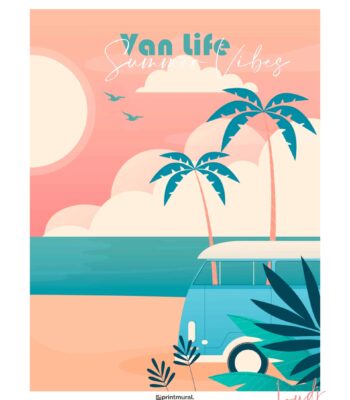 Affiche Van Life summer turquoise rose coucher de soleil palmiers summer vibes