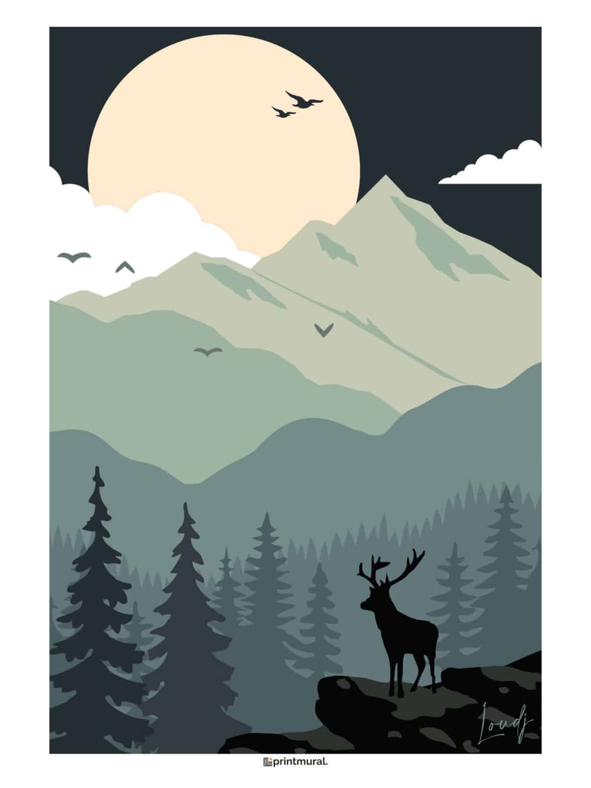 Affiche Montagne Paysage de nuit cerf pleine lune