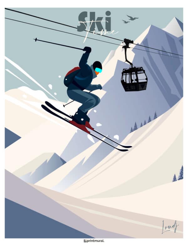 Affiche Ski time saut montagne téléphérique neige