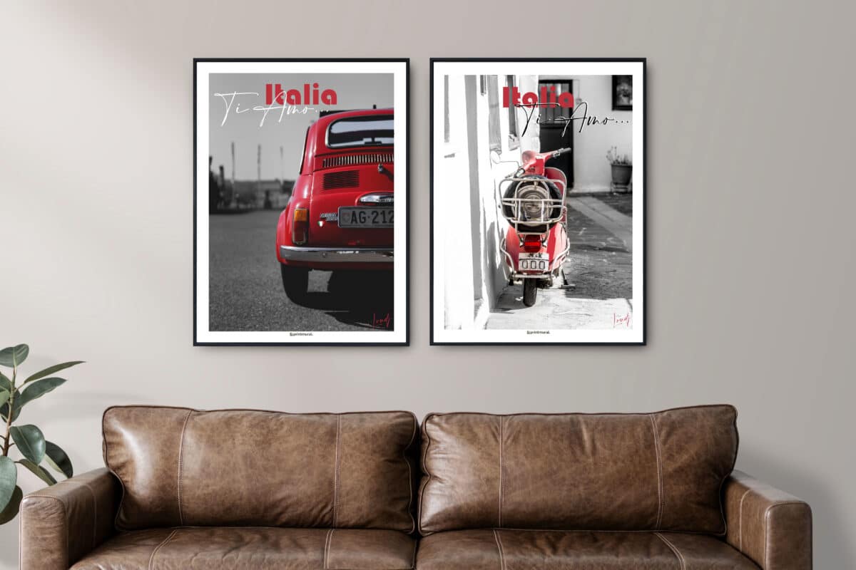 Affiche Ti Amo Italia Noir et blanc et rouge fiat 500 et vespa