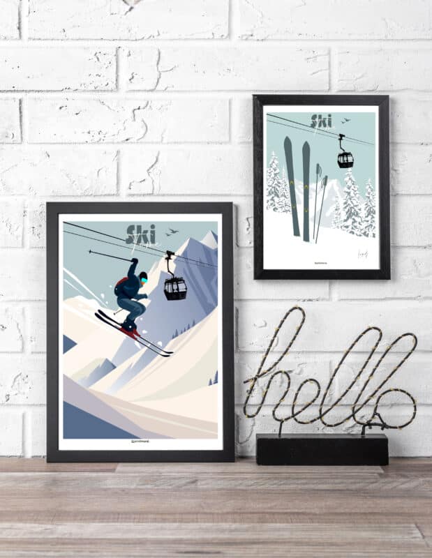 Affiche ski time montagne neige téléphérique