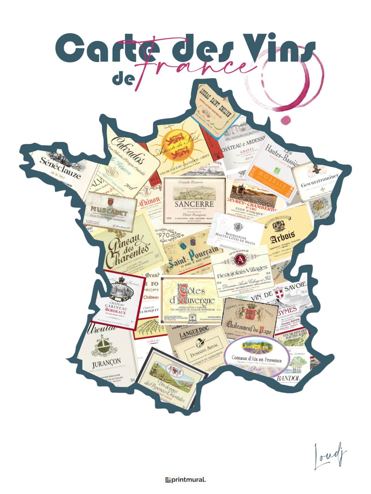 Affiche Carte des Vins de France - Etiquette bouteille