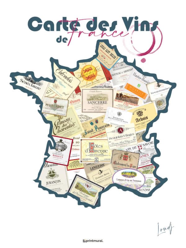 Affiche Carte des Vins de France - Etiquette bouteille