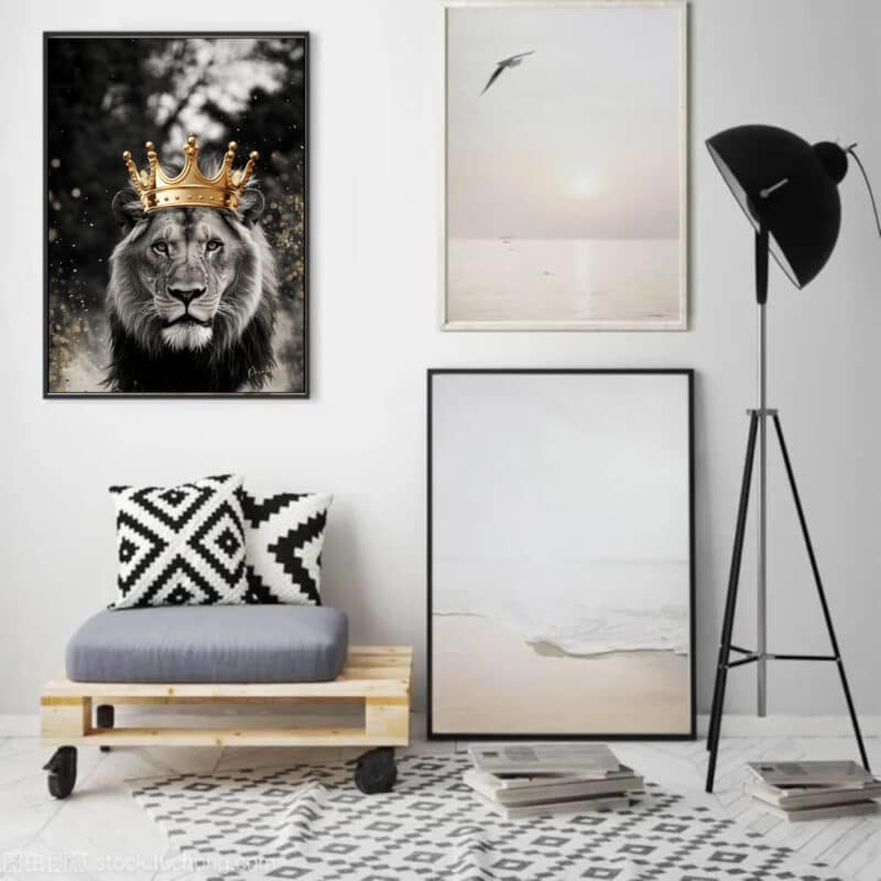 Affiche Animaux Lion Couronne or - Noir et blanc