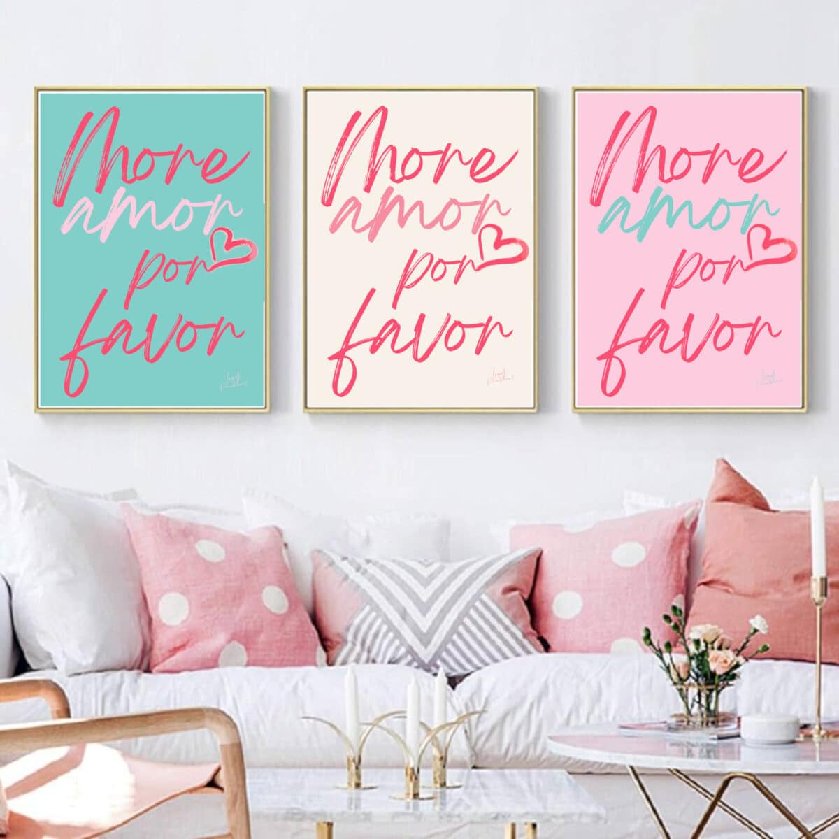 Affiches More Amor Por Favor Rose Turquoise Beige Amour Love Glamour