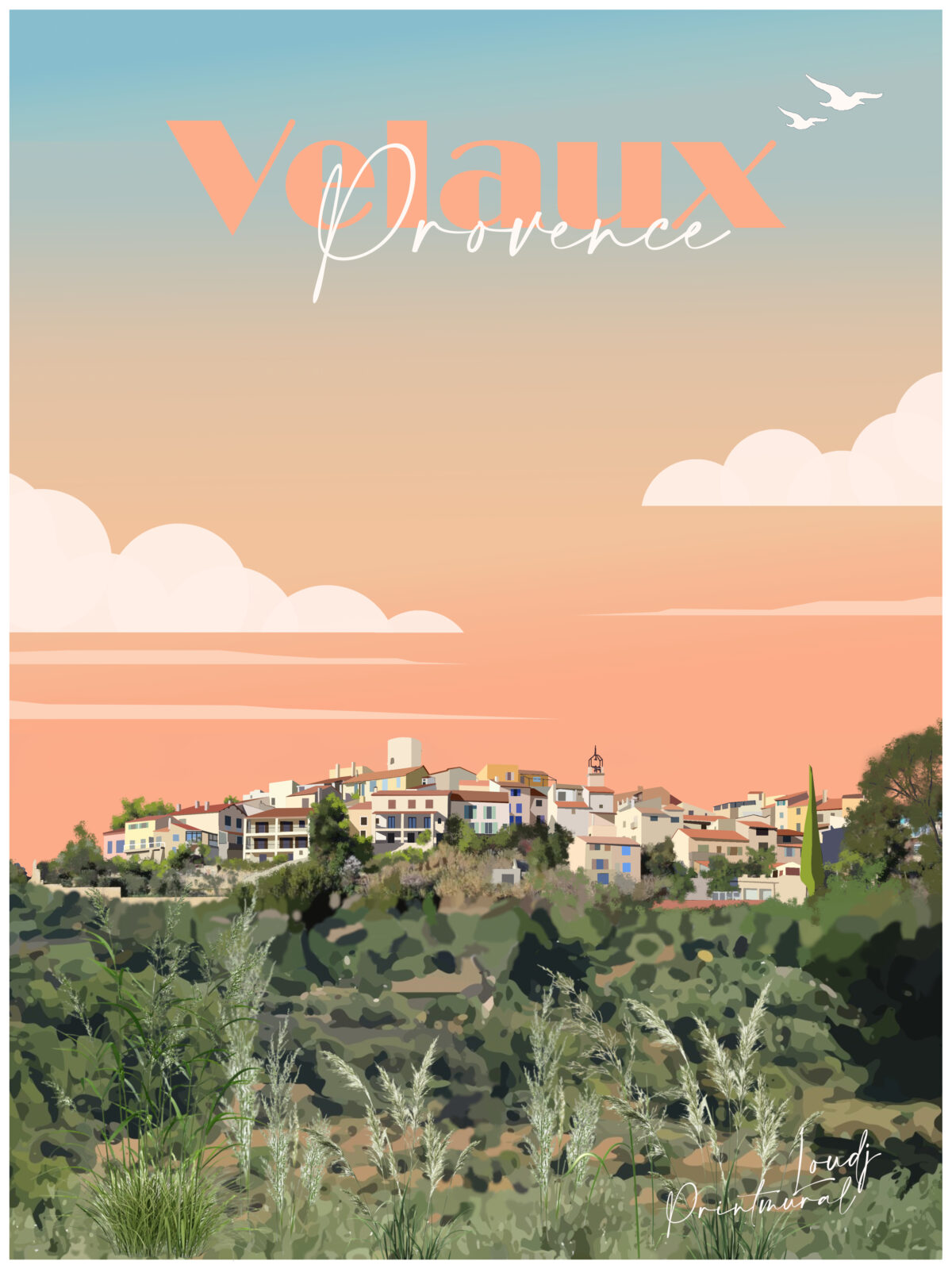 Affiche Velaux Provence Village Bouches du Rhône Coucher du soleil